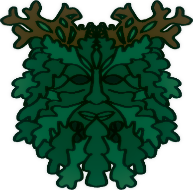 a depiction of the fokloric green man, a bearded face made out of dark green leaves with twigs at the top.